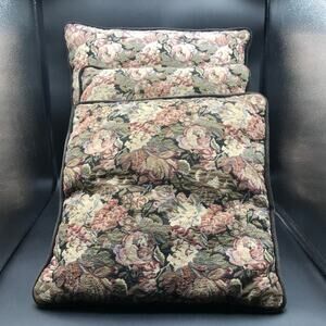 Set of 3 Needlepoint Petit Point Floral Throw Sofa Pillows Black Velvet Backing